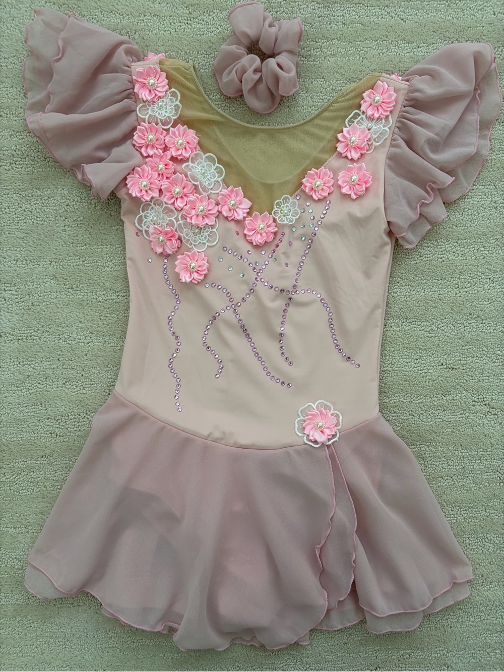 Girls Pink Floral Figure Skating Dress with Ruffled Sleeves